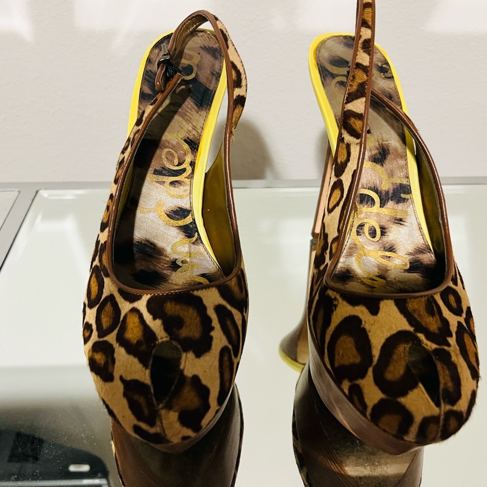 Animal print peep toe platform heels